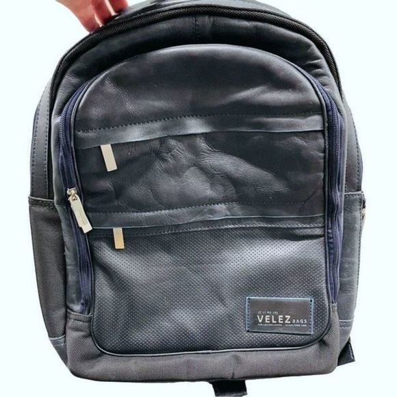 Velez Navy Handcrafted in Columbia Large Leather Lined Laptop Backpack — EUC - Picture 2 of 11